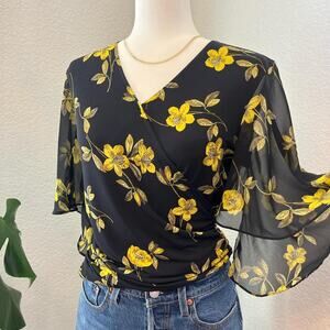 Sheer Black Floral Bell Sleeve Top